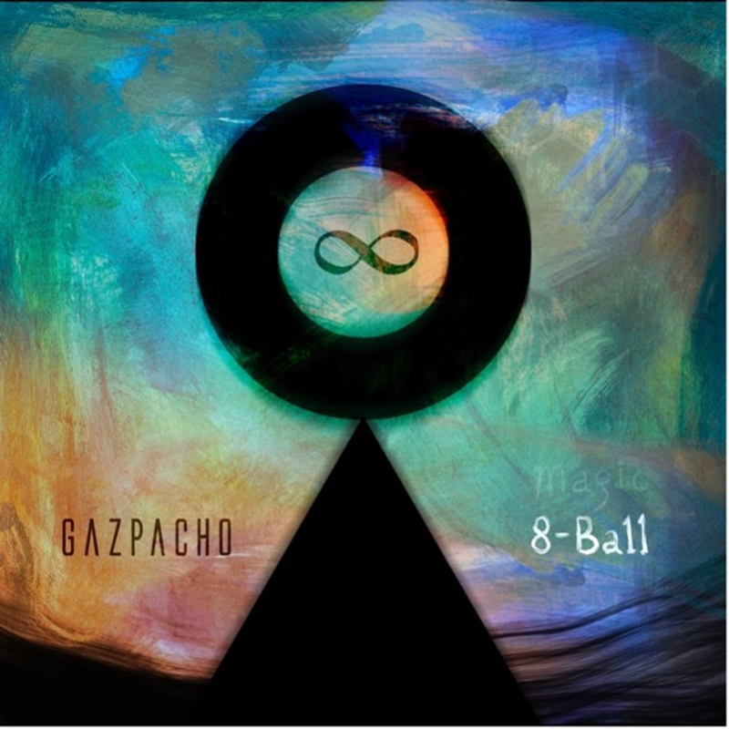 The single cover for Gazpacho – 8-Ball features a design with swirling shades of teal, blue, and orange. At the center sits a large black circle resembling a magic 8-ball, with the infinity symbol inside. Below it, a dark triangular shape points upward toward the circle. The band’s name, Gazpacho, appears in minimalist text on the left, while the title Magic 8-Ball is written in a looser, hand-drawn style on the right.