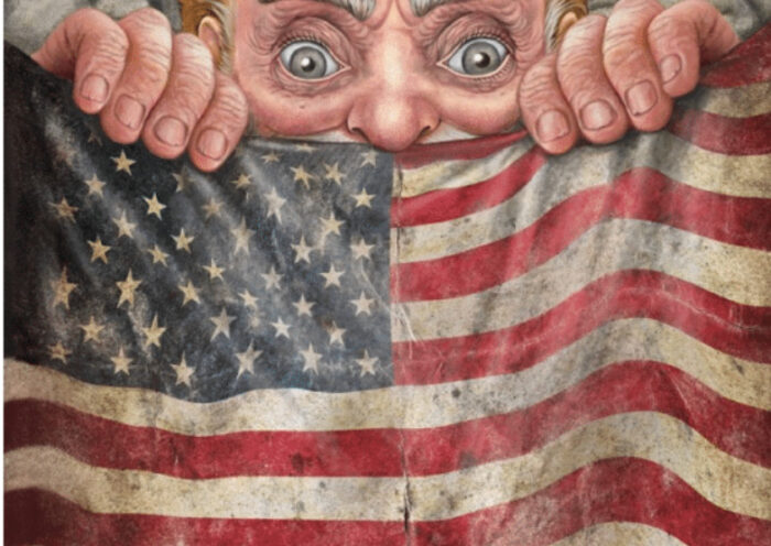 Gentle Giant - Front Row Center cover artwork. An illustration of the classic Gentle Giant giant holding an American flag.