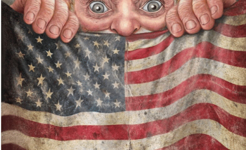 Gentle Giant - Front Row Center cover artwork. An illustration of the classic Gentle Giant giant holding an American flag.
