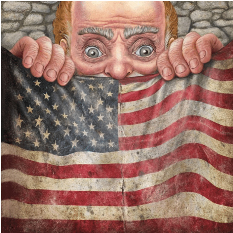 Gentle Giant - Front Row Center cover artwork. An illustration of the classic Gentle Giant giant holding an American flag.