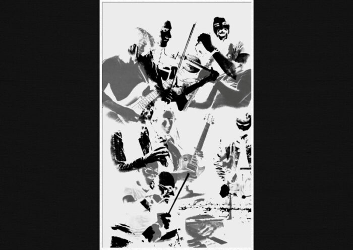 Gentle Giant - In a Glass House cover artwork. A black and white collage of photo negatives of musicians playing musical instruments.