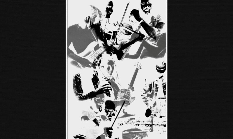 Gentle Giant - In a Glass House cover artwork. A black and white collage of photo negatives of musicians playing musical instruments.
