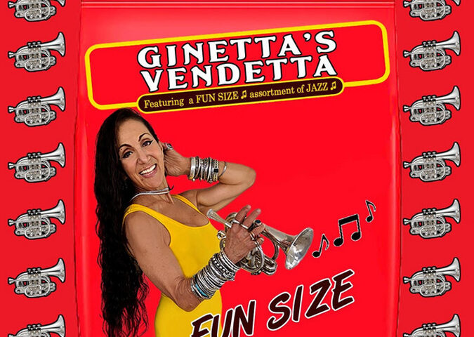 Ginetta's Vendetta - Fun Size cover artwork. A photo of the artist holding a pocket trumpet, wearing a yellow dress with a red background.