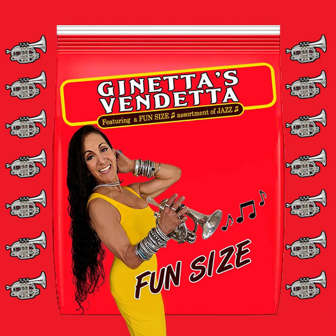 Ginetta's Vendetta - Fun Size cover artwork. A photo of the artist holding a pocket trumpet, wearing a yellow dress with a red background.