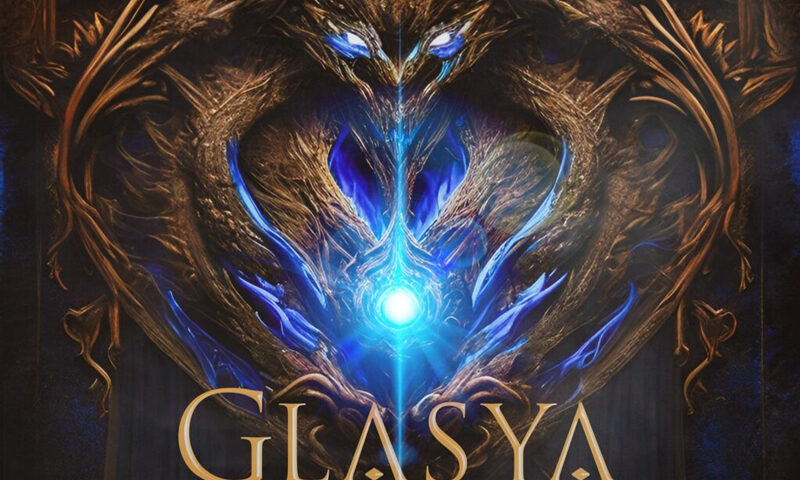 The album cover for Glasya – Fear features at the center a glowing blue light that radiates from within an intricate golden structure resembling a mythical creature with piercing eyes. Swirling patterns of gold and blue. Below the central image, the band’s name Glasya appears in large golden letters, with the album title Fear written beneath in smaller type.
