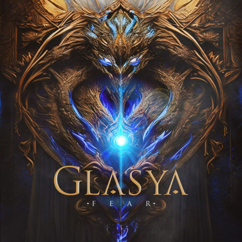 The album cover for Glasya – Fear features at the center a glowing blue light that radiates from within an intricate golden structure resembling a mythical creature with piercing eyes. Swirling patterns of gold and blue. Below the central image, the band’s name Glasya appears in large golden letters, with the album title Fear written beneath in smaller type.