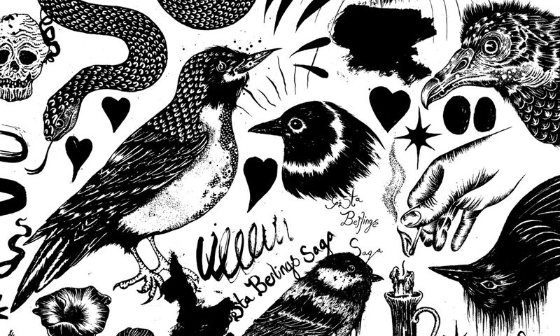 The album cover for Forever Now by Gösta Berlings Saga is a monochrome collage of tattoo-style illustrations. Birds, snakes, skulls, flowers, eyes, and disembodied hands float amid hearts, ink splashes, and scribbled text. Anchored by the band’s name and logo in orange at the top right, one of the few elements in color.