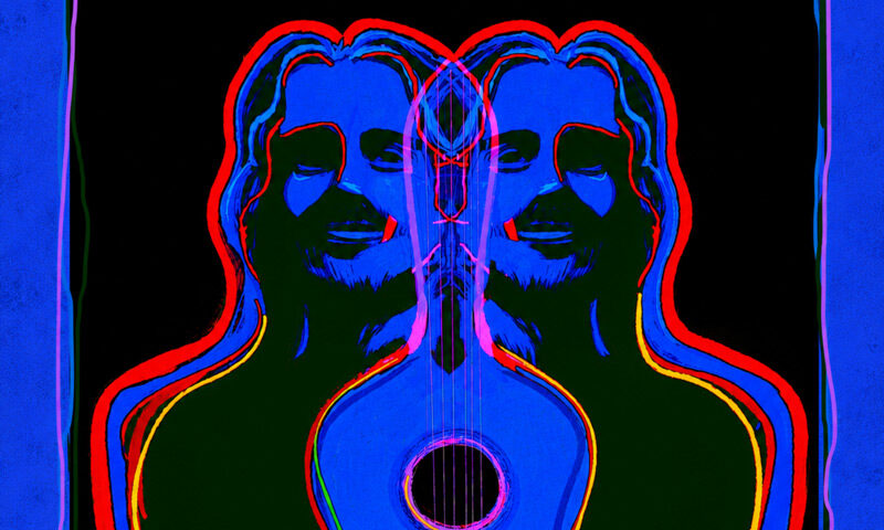 Gustavo Viríssimo - Reflexos cover artwork. A duplicated photo of Gustavo with a guitar in the middle.