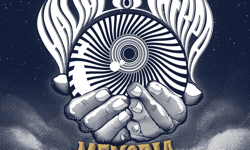 The illustration shows two hands cupping a circular disc with radiating lines, flanked by flame-like shapes.