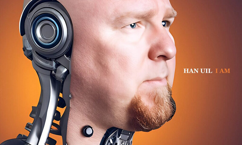 The album cover features a portrait of a bald man with robotic enhancements integrated into his head and neck. He is facing to the side against an orange background. On the right side, the text reads: “Han Uil – I Am.”