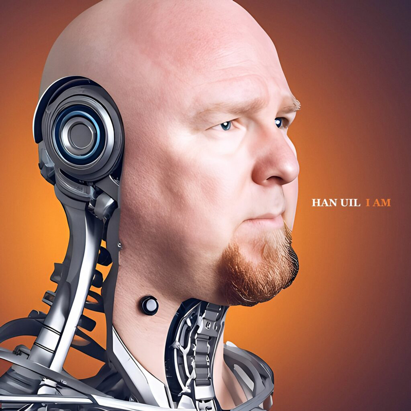 The album cover features a portrait of a bald man with robotic enhancements integrated into his head and neck. He is facing to the side against an orange background. On the right side, the text reads: “Han Uil – I Am.”
