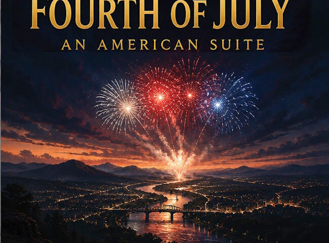 Happy the Man - Fourth of July cover artwork. An aerial view of fireworks in a city with a river running through the middle.