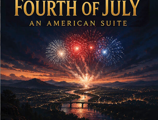 Happy the Man - Fourth of July cover artwork. An aerial view of fireworks in a city with a river running through the middle.