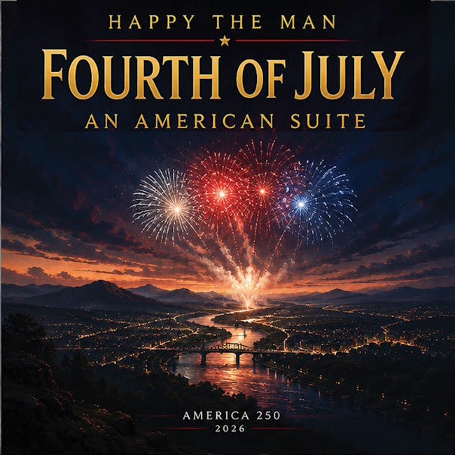 Happy the Man - Fourth of July cover artwork. An aerial view of fireworks in a city with a river running through the middle.