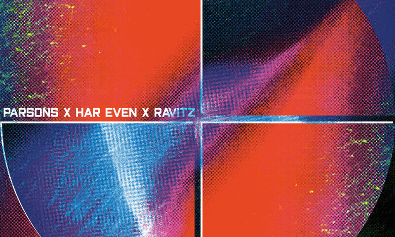 The album cover features four quadrants forming a circular shape. Red, blue, purple, and green gradients blend with a grainy effect. Across the center, white text reads “PARSONS X HAR EVEN X RAVITZ.”