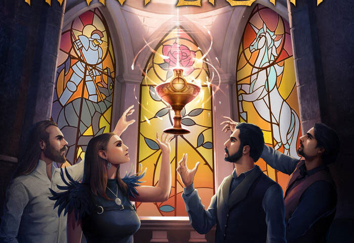 The album cover for Hartlight – The Triumph of Metal features a fantasy-inspired illustration set in a grand, cathedral-like space with towering stained-glass windows. A golden chalice, radiating a mystical aura, hovers at the center, bathed in a beam of divine light. Four figures—two men and a woman in elaborate attire, along with another man in the background—reach toward the chalice with reverence. The typography is bold and metallic.