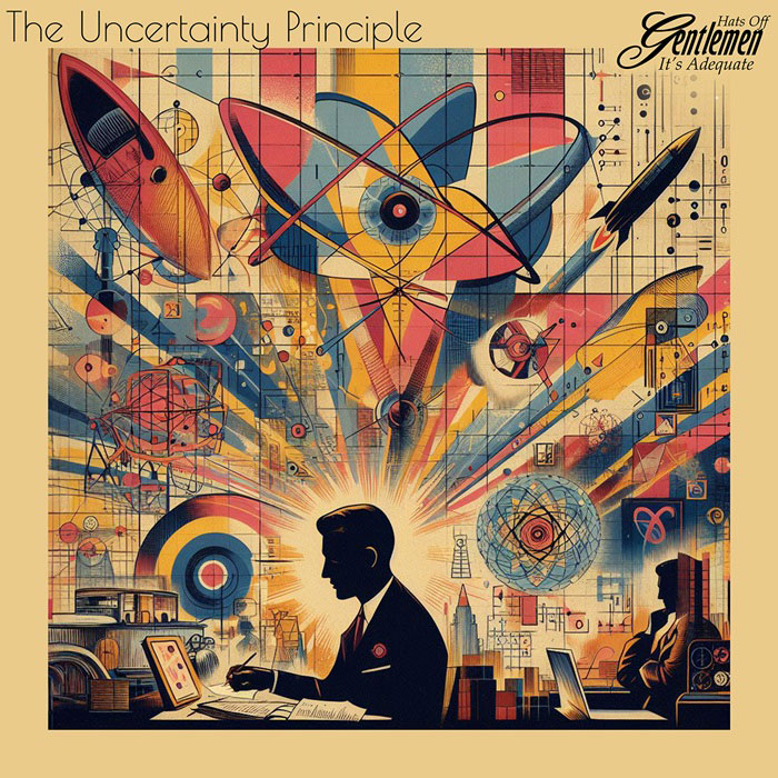 The album cover for The Uncertainty Principle by Hats Off Gentlemen It's Adequate features a retro-futuristic, mid-century modern aesthetic. A central figure, depicted in silhouette, sits at a desk with a glowing aura around their head. The background bursts with an explosion of scientific and mathematical imagery: atomic structures, geometric diagrams, rocket ships, and circuitry. The warm, muted color palette of blues, reds, yellows, and oranges enhances the vintage sci-fi feel.