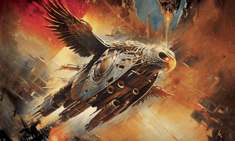 Hawkestrel - Chaos Rocks covert artwork. A hawks-shaped spaceship flying.