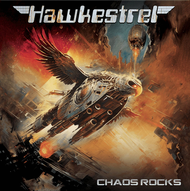 Hawkestrel - Chaos Rocks covert artwork. A hawks-shaped spaceship flying.