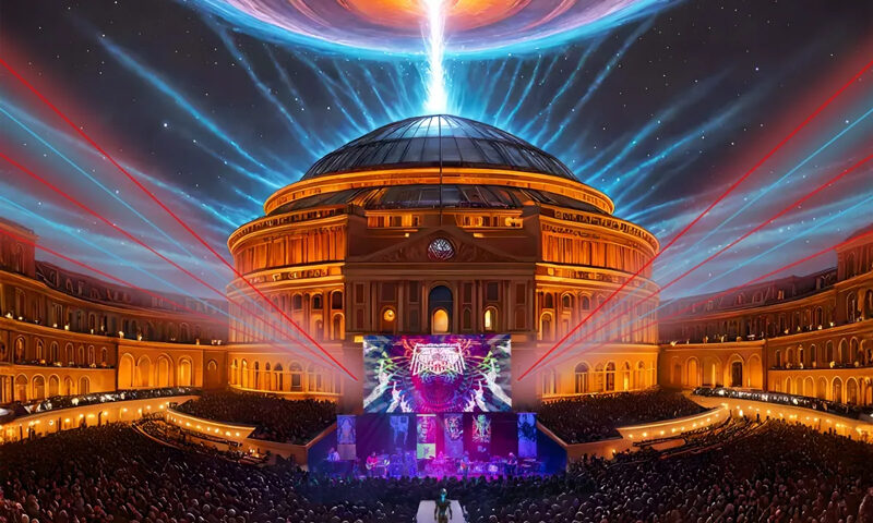 Hawkwind - Live At The Royal Albert Hall cover artwork. An illustration that combines a cosmic and futuristic theme with the grandeur of the iconic Royal Albert Hall in London. The Royal Albert Hall is depicted as a packed concert venue, illuminated by vibrant lights. Above the hall, a massive sci-fi-style spaceship or cosmic vortex is shooting a beam of light directly into the building.