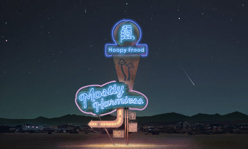 The album cover shows a neon roadside sign glowing in the desert night. It reads "Hoopy Frood" at the top and "Mostly Harmless" in a retro cursive font below, with a lit arrow pointing left. There is a starry sky and faint shooting star in the background.