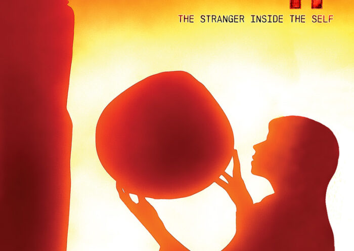 IT – The Stranger Inside the Self. A red image of a human holding a rock.