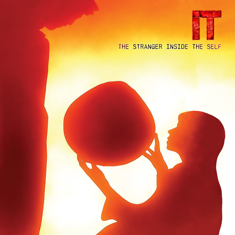 IT – The Stranger Inside the Self. A red image of a human holding a rock.
