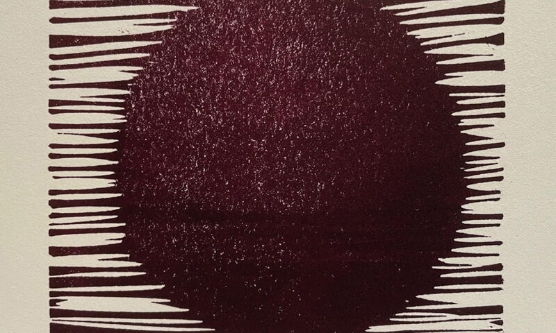 The cover of Transmissions by Ian Boddy & Erik Wøllo features a deep maroon circle centered against a pale background. Sharp horizontal lines extend from the circle’s edges