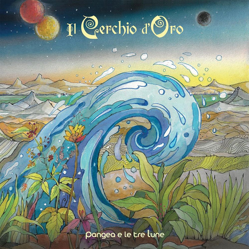 Il Cerchio d'Oro - Pangea e Le Tre Lune cover artwork. A fantasy illustration with a landscape and large water wave in the middle.