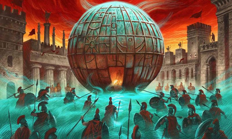 The album cover for Imaginaerium - The Siege features a fantasy-inspired battle scene. A massive metallic sphere with intricate engravings and a fiery opening looms at the center, seemingly an otherworldly siege weapon. Surrounding it, Roman-style soldiers clad in red capes and armed with spears and shields advance through swirling blue mist. Towering stone fortresses, adorned with flags and statues, frame the scene, while the sky burns with a crimson inferno.