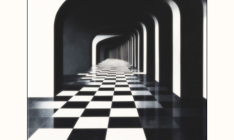 The album cover for Imperial Measures' The Promise of Morning features a sleek, black-and-white design. It depicts a long, arched corridor with a checkered floor, creating a sense of infinite depth and symmetry. The lighting is soft, emphasizing the geometric patterns. The minimalistic typography complements the design.