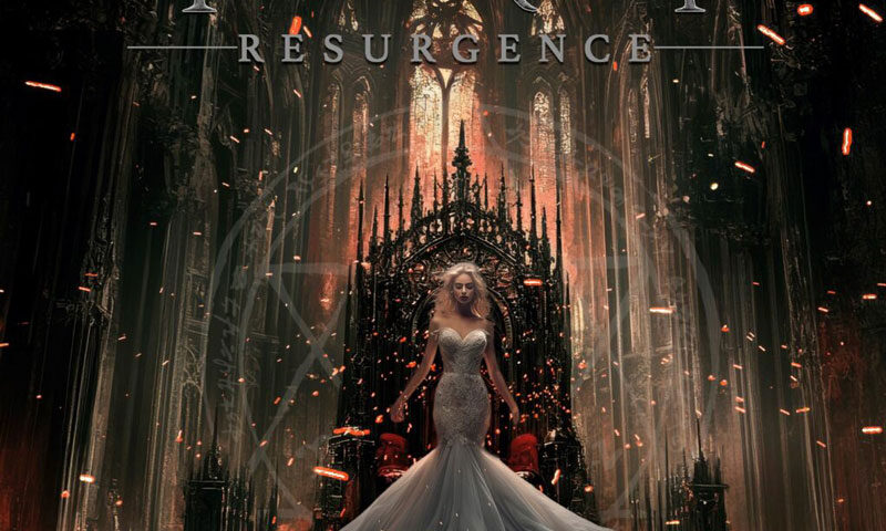 The album cover for Itinerum – Resurgence presents a gothic, cathedral-like setting bathed in fiery embers. At the center, a regal woman in a flowing silver gown stands before a dark, spiked throne, illuminated by stained-glass light. The band name appears in metallic serif lettering above, with the album title Resurgence in smaller, spaced-out capitals.
