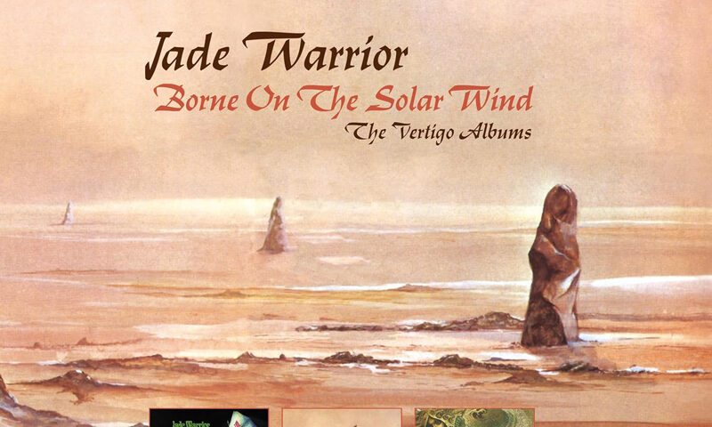 Jade Warrior - Borne on the Solar Wind – The Vertigo Albumscover arywork. It features a seascape with vertical rocks and the three covers of the first albums in the bottom part of the cover.