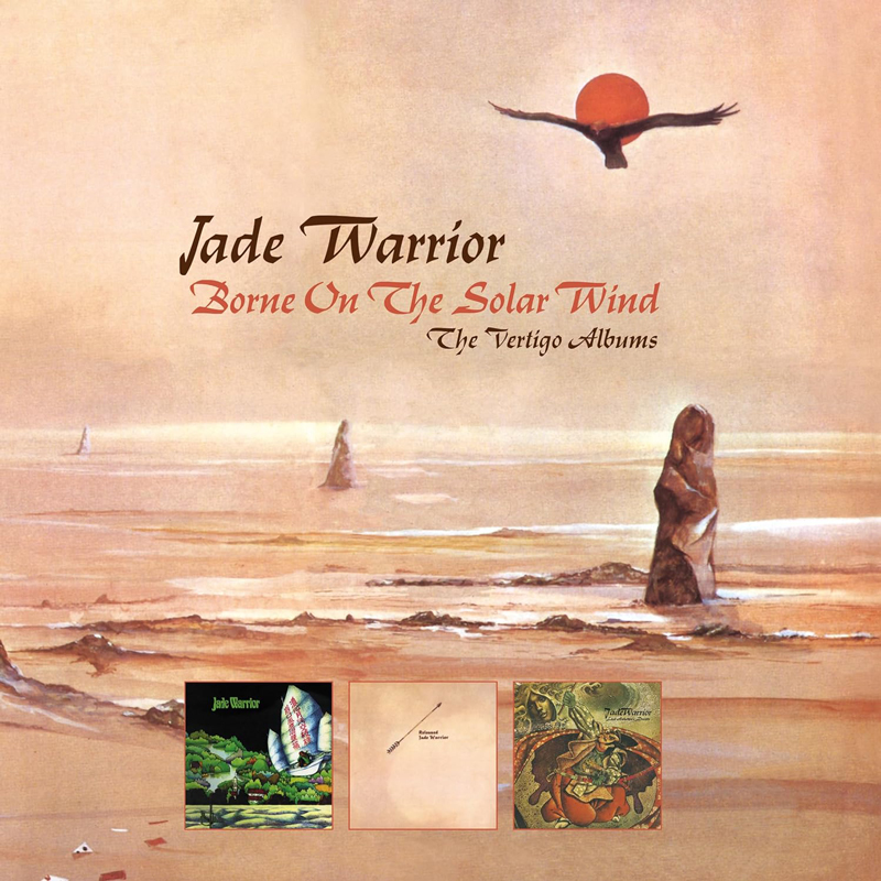 Jade Warrior - Borne on the Solar Wind – The Vertigo Albumscover arywork. It features a seascape with vertical rocks and the three covers of the first albums in the bottom part of the cover.