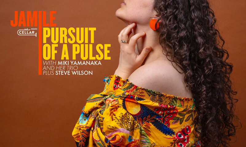 Jamile with Miki Yamanaka and her trio plus Steve Wilson - Pursuit of a Pulse cover artwork. A side profile photo of Jamile wearing a colorful dress.