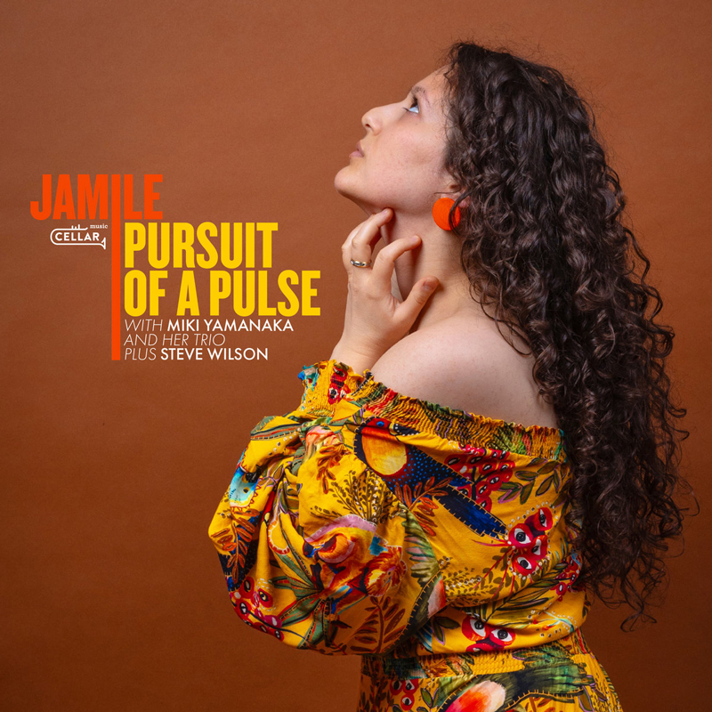 Jamile with Miki Yamanaka and her trio plus Steve Wilson - Pursuit of a Pulse cover artwork. A side profile photo of Jamile wearing a colorful dress.