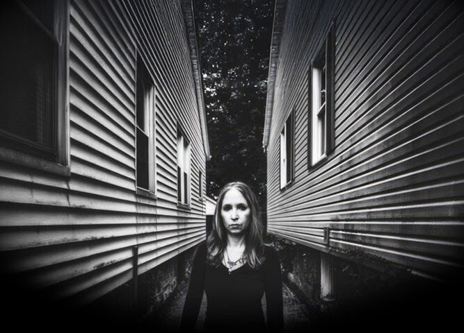 Jane Getter Premonition - Transmogrify cover artwork. A black-and-white image of a solitary woman in a narrow alley between two converging houses.