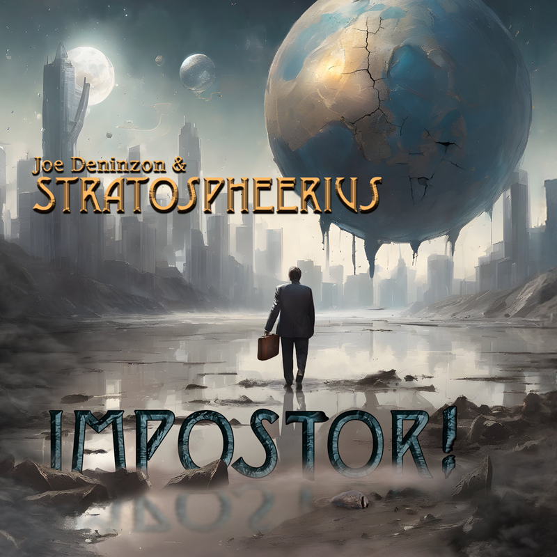 Joe Deninzon & Stratospheerius - Impostor! cover artwork. A futuristic image of a man with a suitcase movong away from the camera towards an earth globee that is dripping, in front of a high rise landscape.