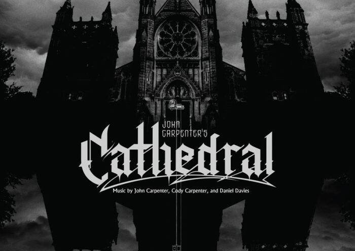 John Carpenter Cathedral cover artwork. A black and white image of a cathedral.
