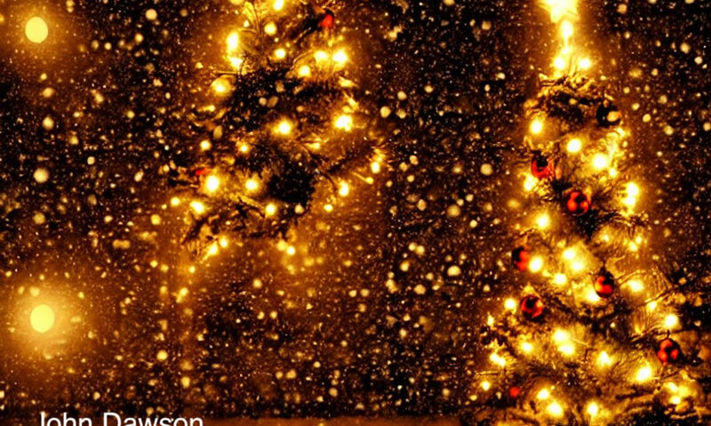 John Dawson cover artwork. Two large Christmas trees with lights, outdoors, with falling snow.