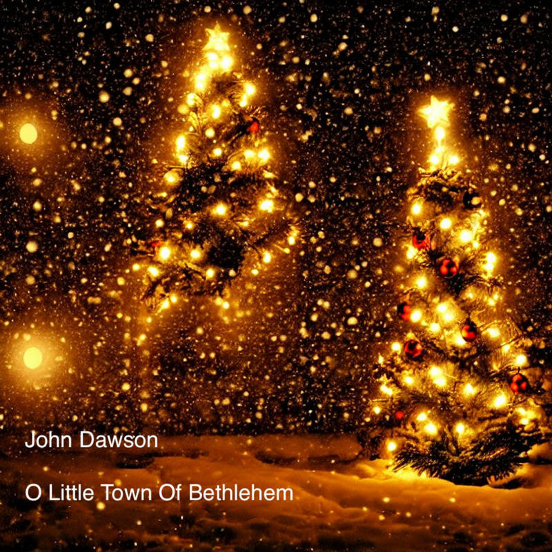 John Dawson cover artwork. Two large Christmas trees with lights, outdoors, with falling snow.