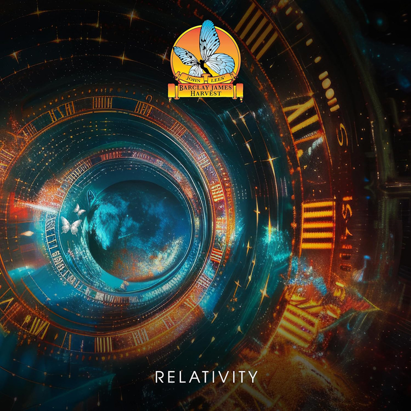 A colorful cosmic tunnel with clock numerals pulls the eye toward a distant blue planet and fluttering butterflies. A butterfly-themed crest for John Lees’ Barclay James Harvest sits at the top, with the album title Relativity placed at the bottom.