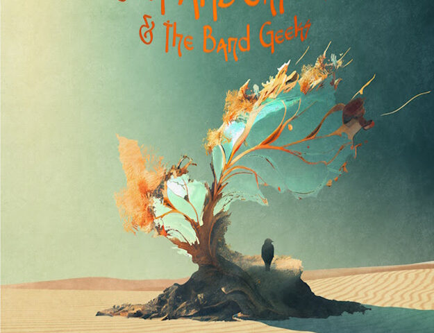 Jon Anderson and The Band Geeks Live- Perpetual Change. cover artwork. a sandy landscape with a single tree growing, with large leaves and a bird standing at the base of the tree.