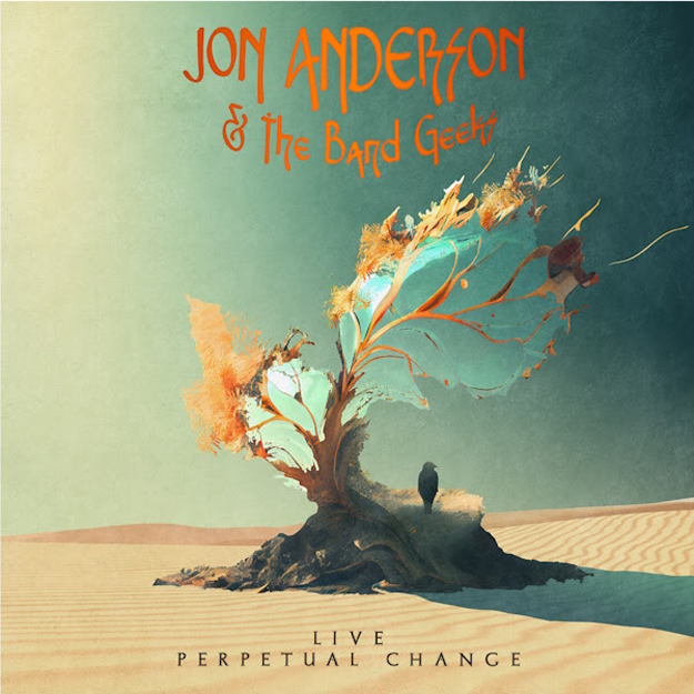 Jon Anderson and The Band Geeks Live- Perpetual Change. cover artwork. a sandy landscape with a single tree growing, with large leaves and a bird standing at the base of the tree.