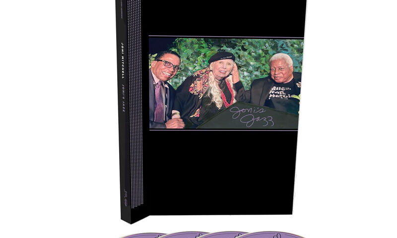 Joni Mitchell Joni’s Jazz box cover design. a photo of Joni accompanied by jazz musicians.