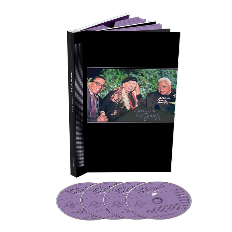 Joni Mitchell Joni’s Jazz box cover design. a photo of Joni accompanied by jazz musicians.