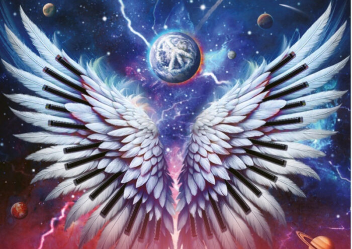 Jordan Rudess - Permission To Fly cover artwork. Bird wings with keynboard wings with a planetary system background.