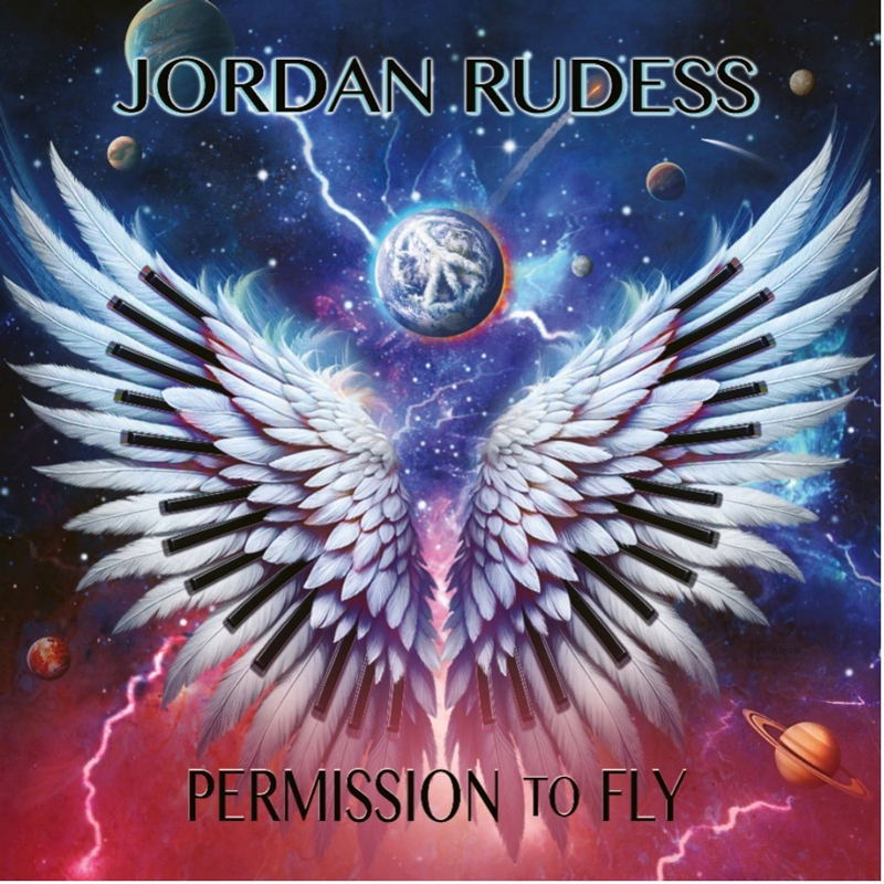 Jordan Rudess - Permission To Fly cover artwork. Bird wings with keynboard wings with a planetary system background.