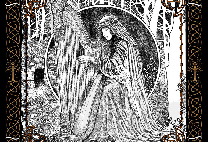 Joy Shannon – In the Forest Singing Sorrowless. A black and white illustration of a woman playing a harp in a forest.