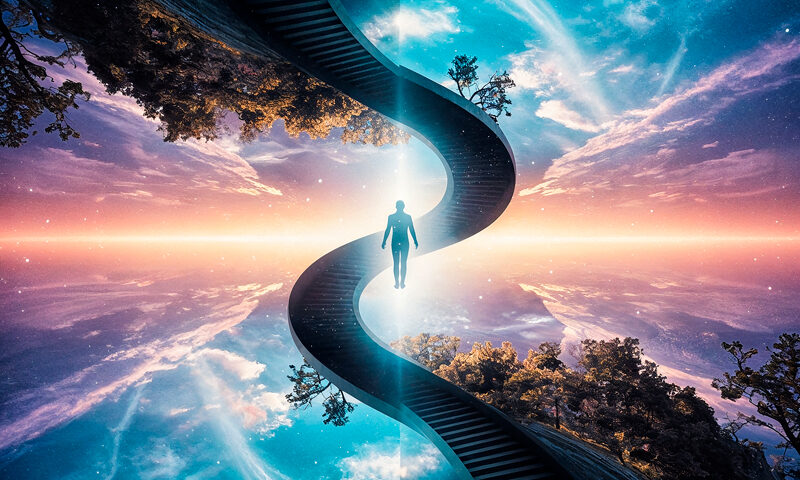 The album cover shows a scene with a winding staircase splitting the image in half. A silhouetted figure ascends toward a radiant light at the horizon, framed by cosmic skies on one side and trees on the other. The title Above, Beyond, Within floats at the top, while the artist’s name, Juanjo López, and logo sit at the bottom.
